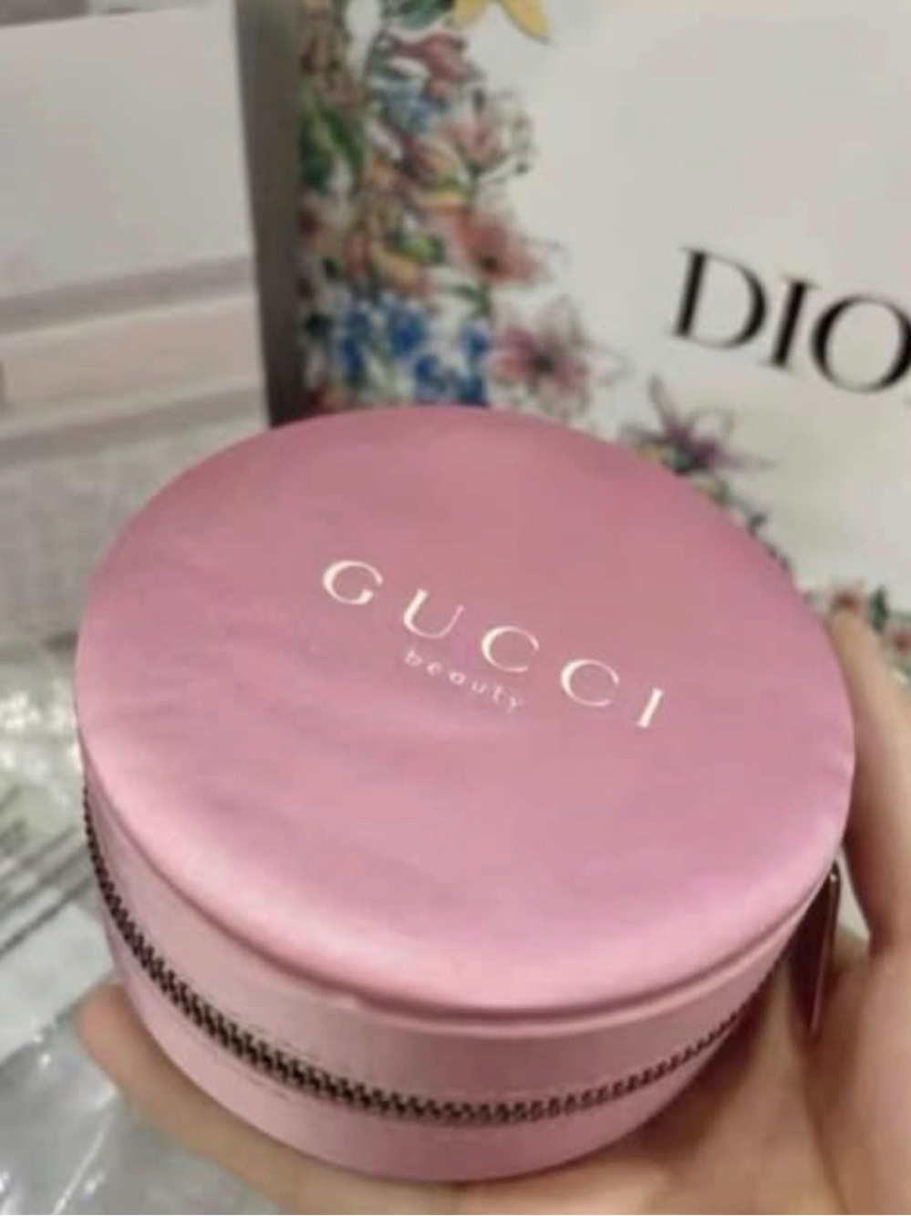 Pink Gucci Beauty Round Jewelry Case with Gold Print - NIP